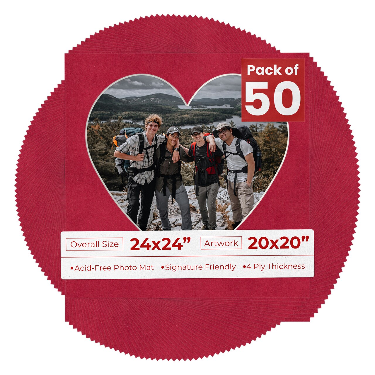Red Suede Mat Board for 24x24 Frames - Heart Opening for 20x20 Photos